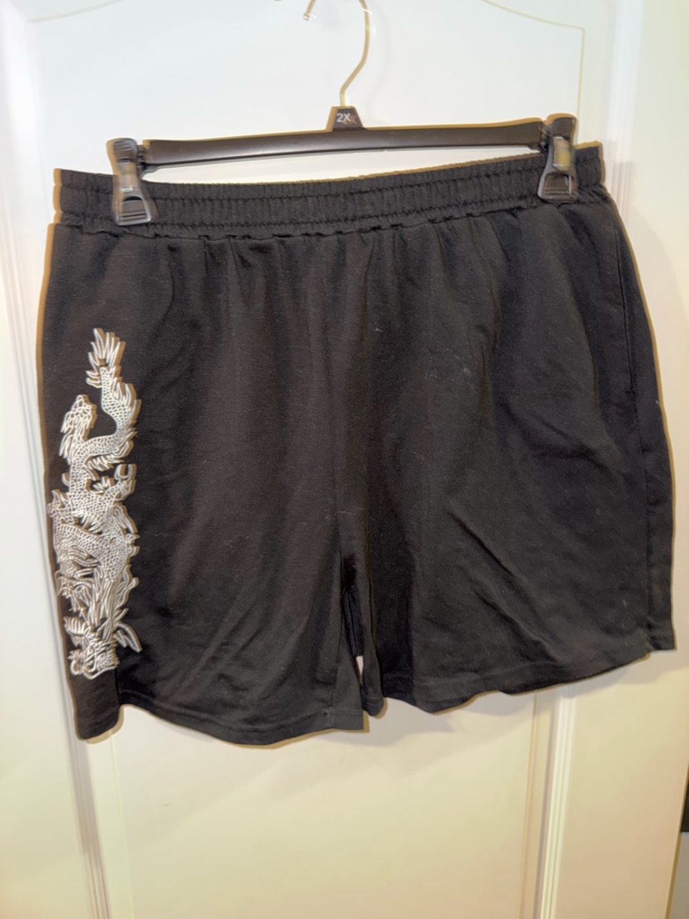 SHEIN Black Shorts with White Dragon Embroidery